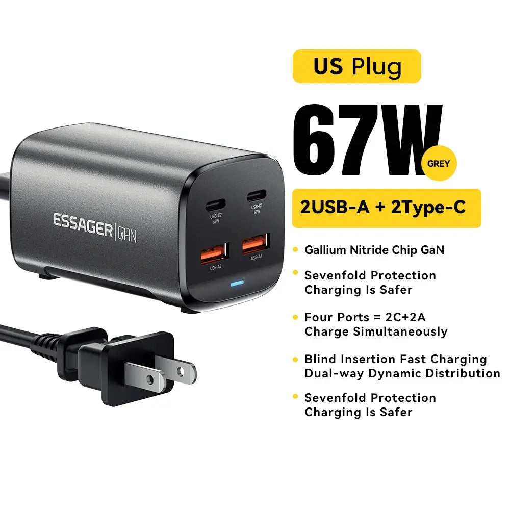 Essager GaN 67W USB-C wall charger with 2 USB-A + 2 Type-C ports in grey by Simples Market