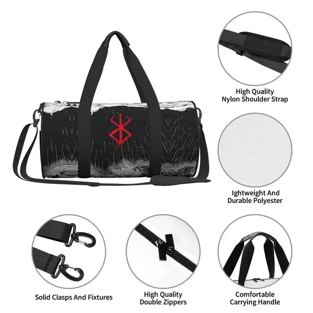 Japan Anime Bereserk Gym Bag by Simples Market; black bag with red emblem, nylon shoulder strap
