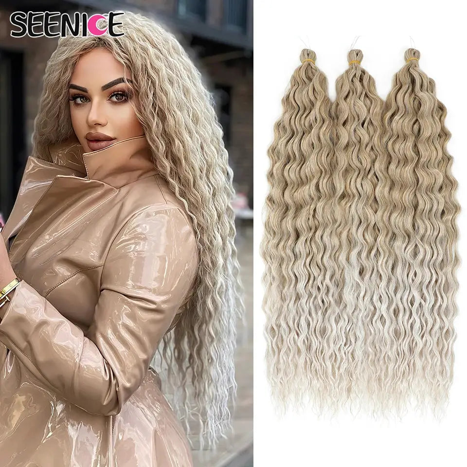 Ariel Curl Crochet Hair extensions by SEENICE, synthetic afro water-wave braids in ombre blonde, 22in, three bundles.