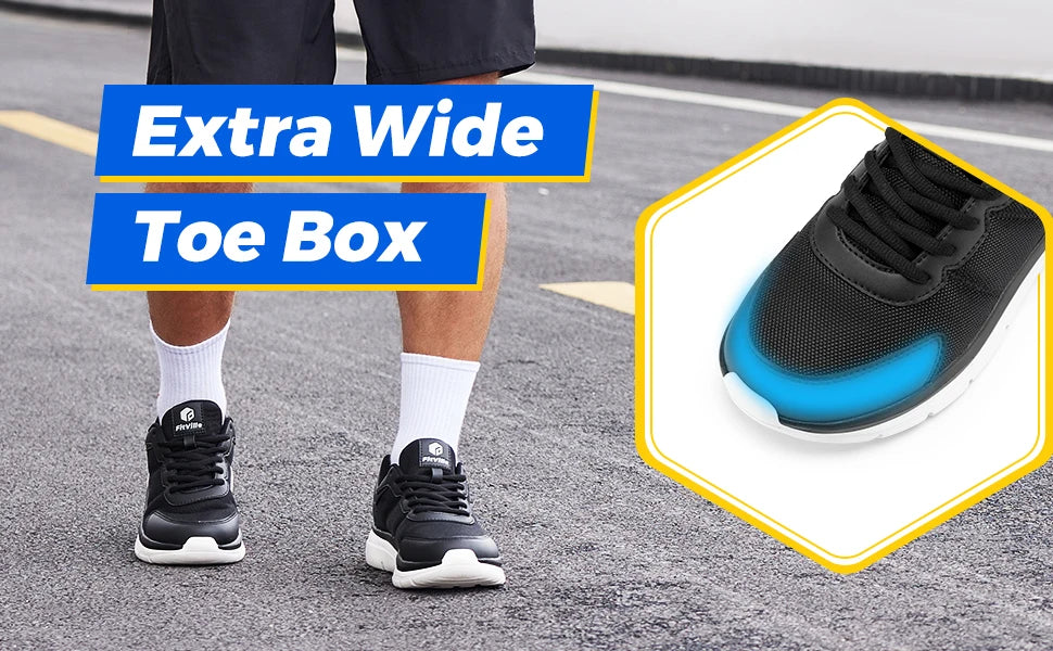 FitVille men's walking shoes with extra-wide toe box, black upper and white sole.