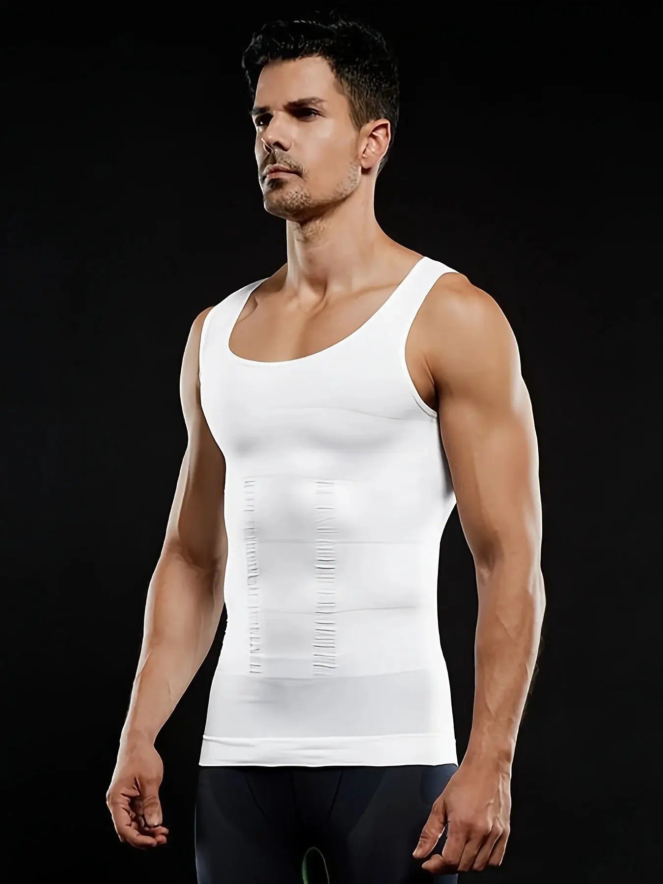 Men's compression body shaper tank top in white with front panel stitching