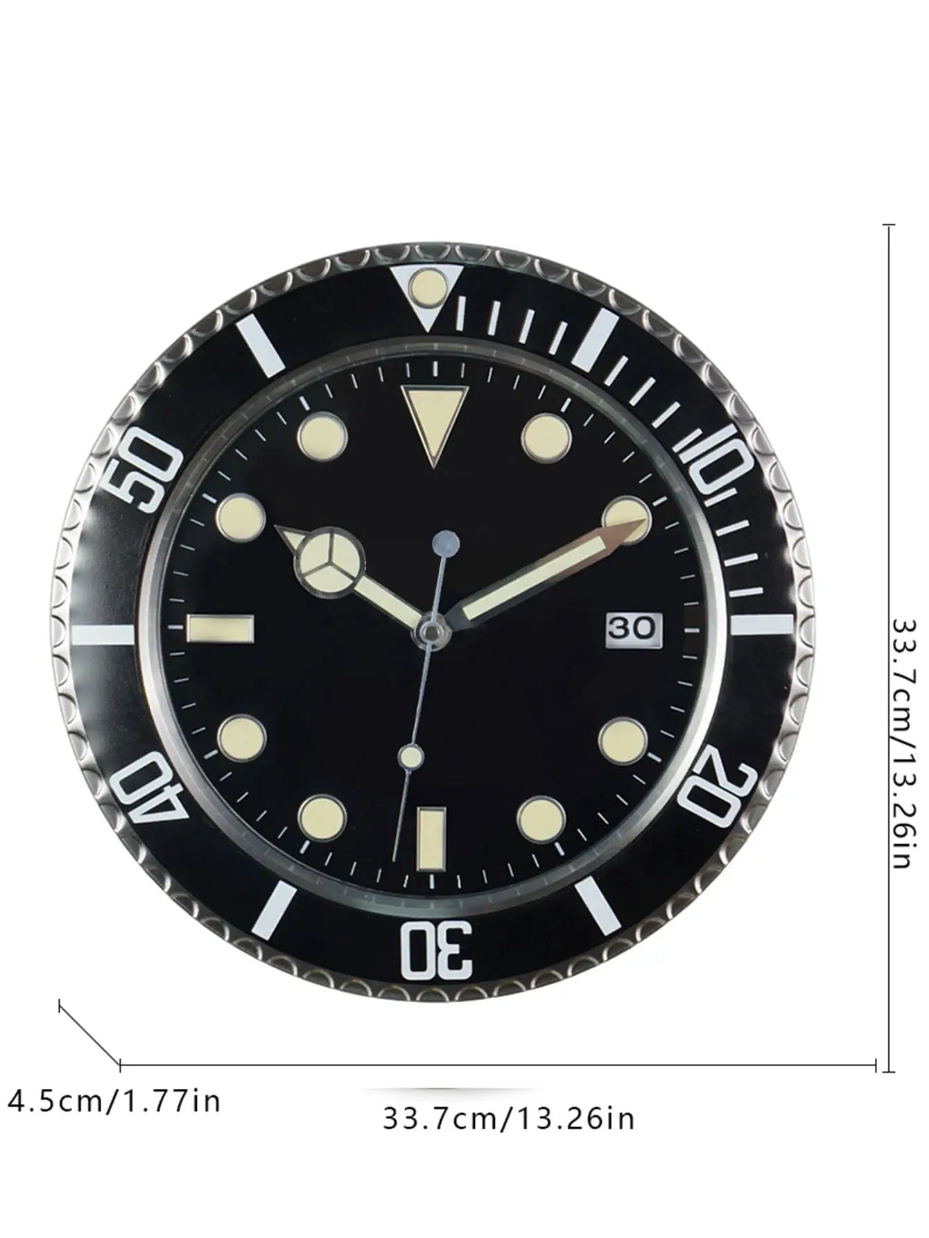 34cm Luxury Creative Wall Clock with metal bezel, black dial and luminescent markers
