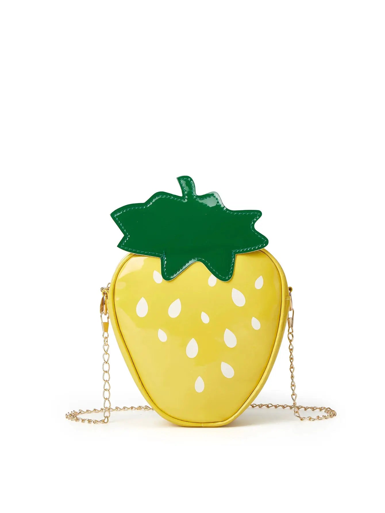 Strawberry-themed crossbody bag, yellow with white seed pattern, green leaf top, gold chain strap.