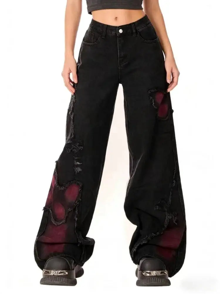 Womens Baggy Butterfly Jeans Vintage 90s Harajuku Denim Trousers