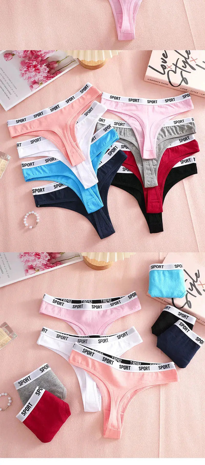 FINETOO 4-piece women's cotton thong set in pink, blue, gray and black with SPORT waistband