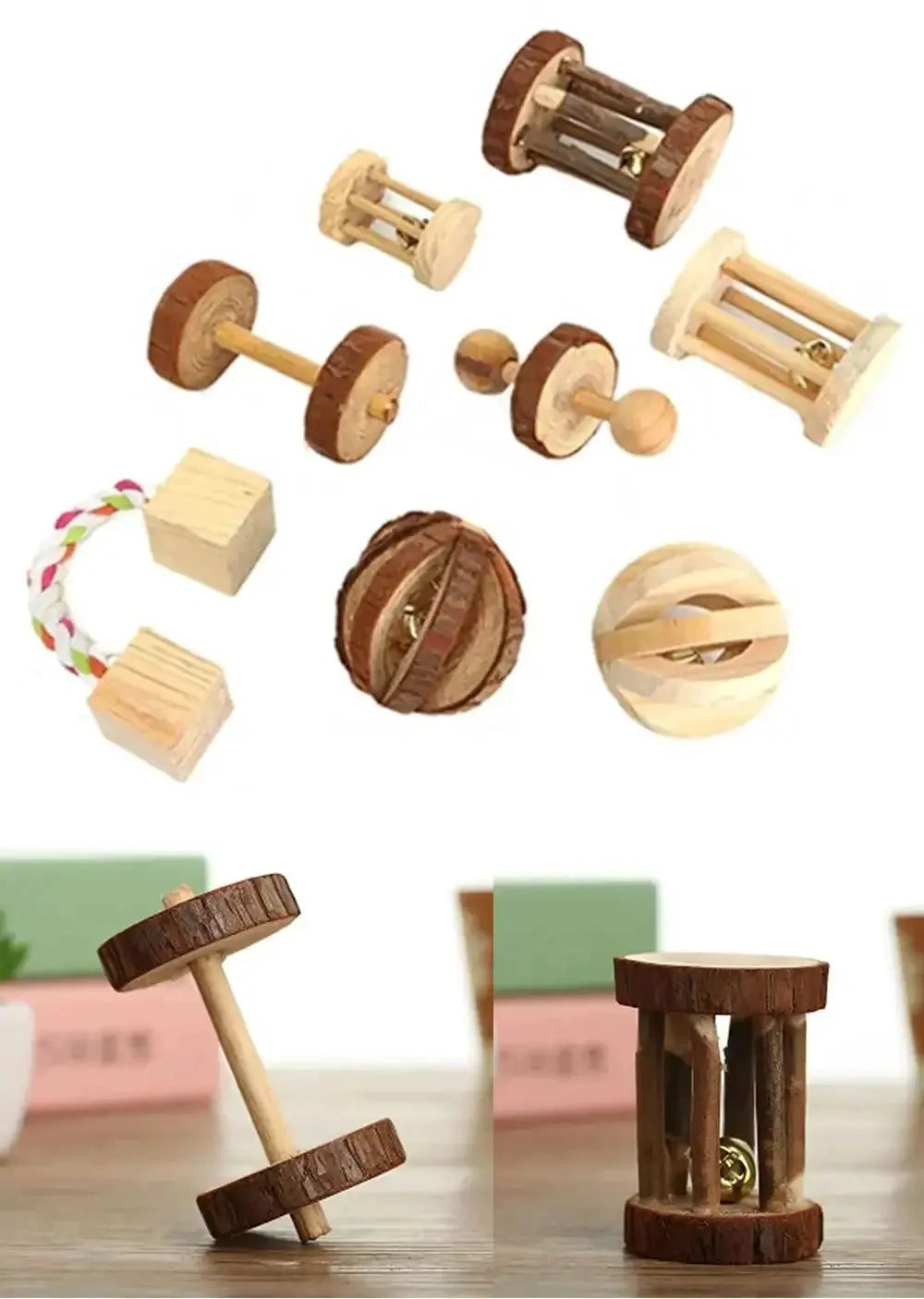 Small-animal wooden multi-piece play set with Simples Market; includes dumbbell rollers, braided ball and chew blocks