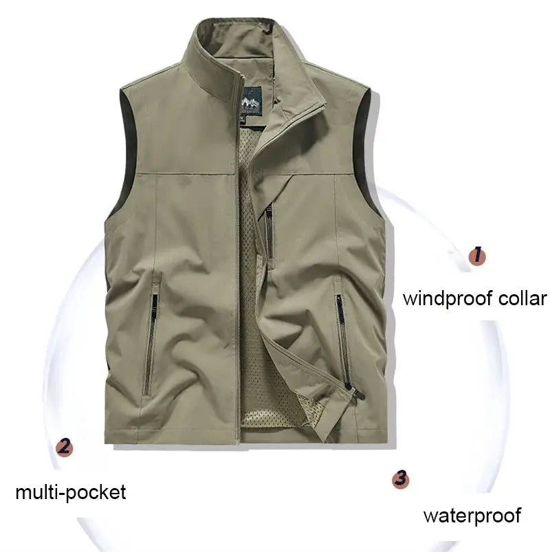 Simples Market windproof khaki men's sleeveless vest with multiple zip pockets, waterproof outdoor jacket