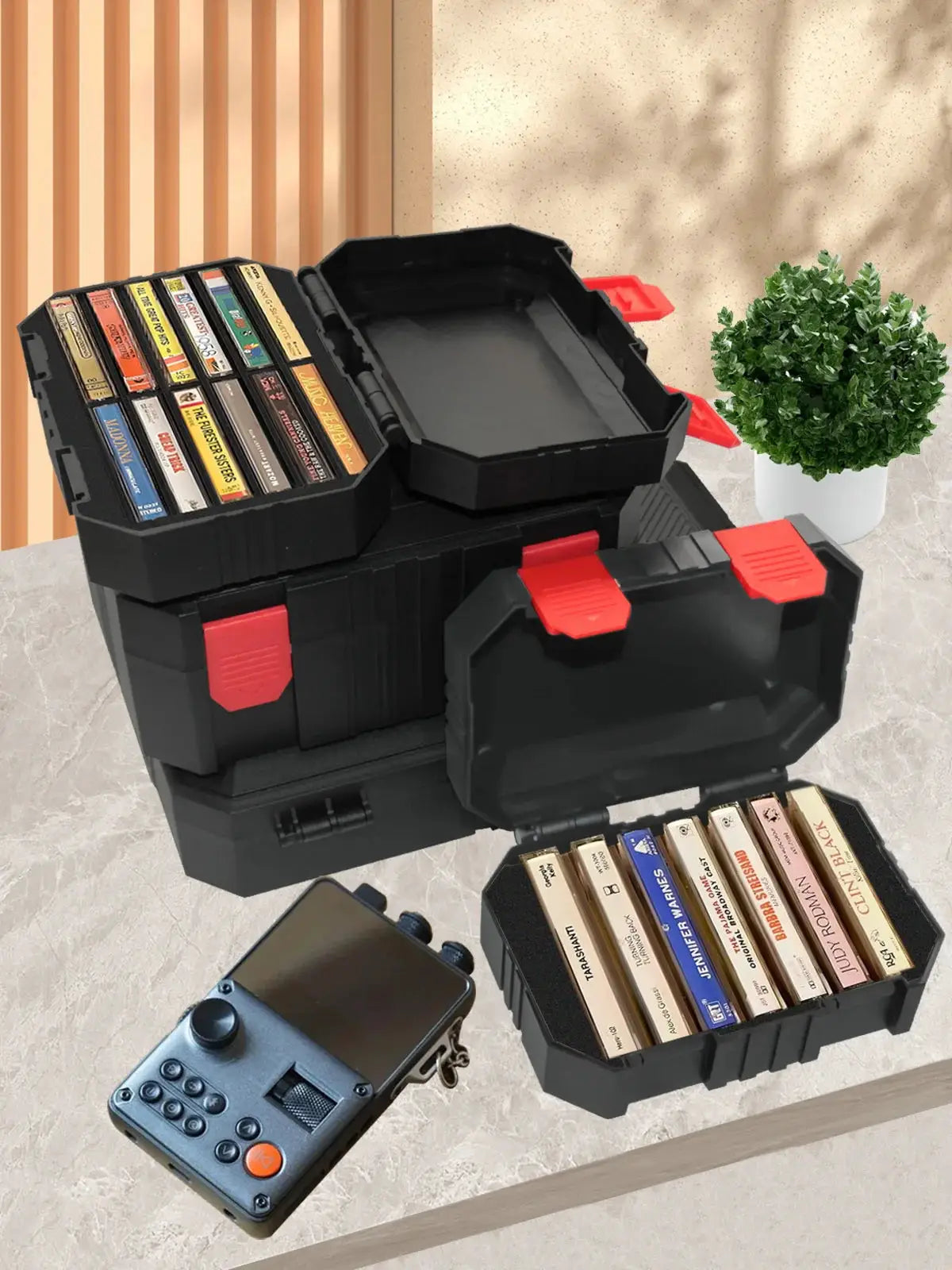 Simples Market set of two black plastic tool organizers with red latches