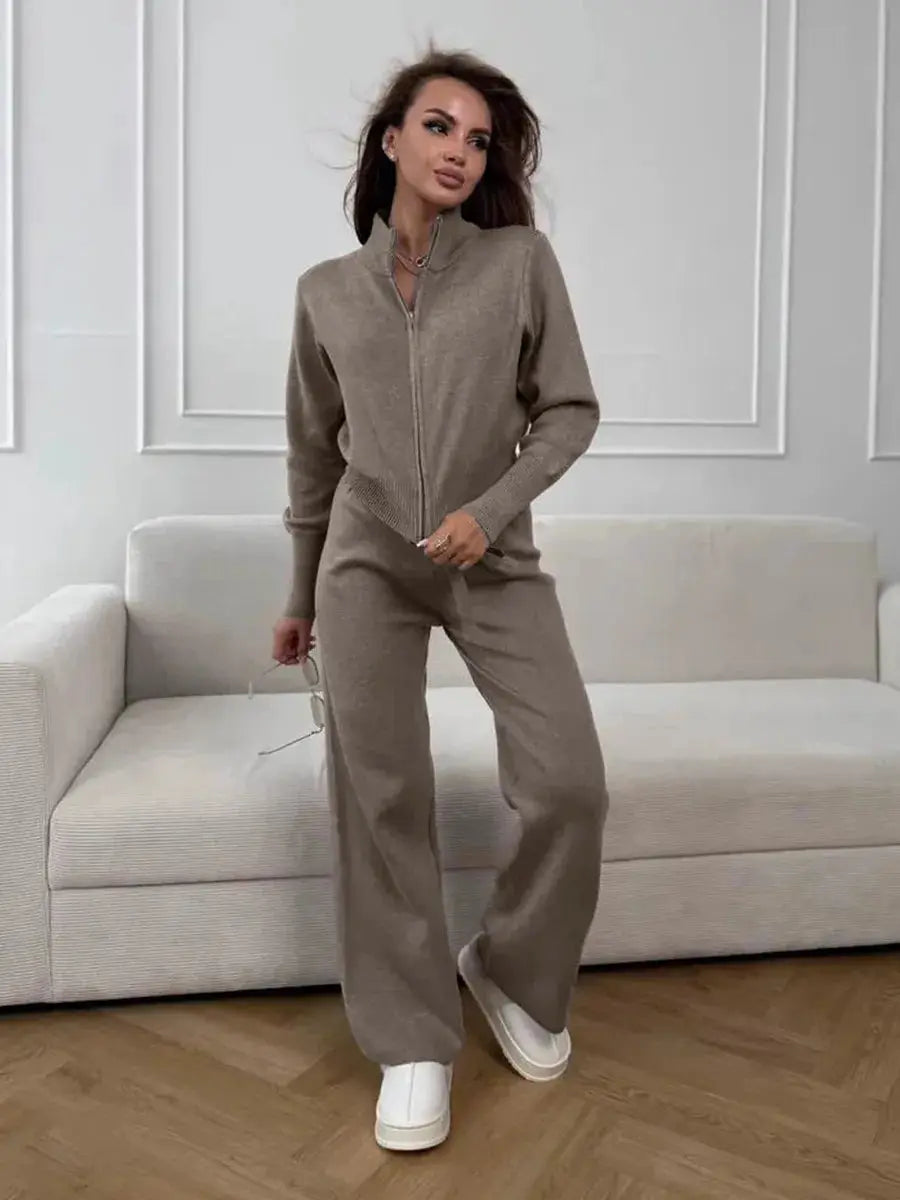 Bornladies Knit Zip Up Cropped Cardigan With Wide Leg Pants Set Women