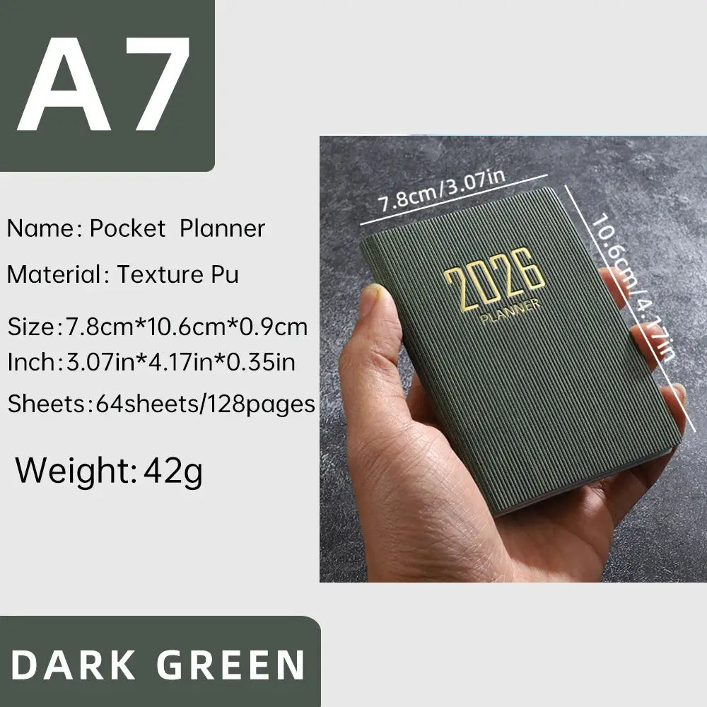 A7 dark green PU textured pocket planner, 2026 calendar, 64 sheets/128 pages, compact 7.8x10.6x0.9 cm