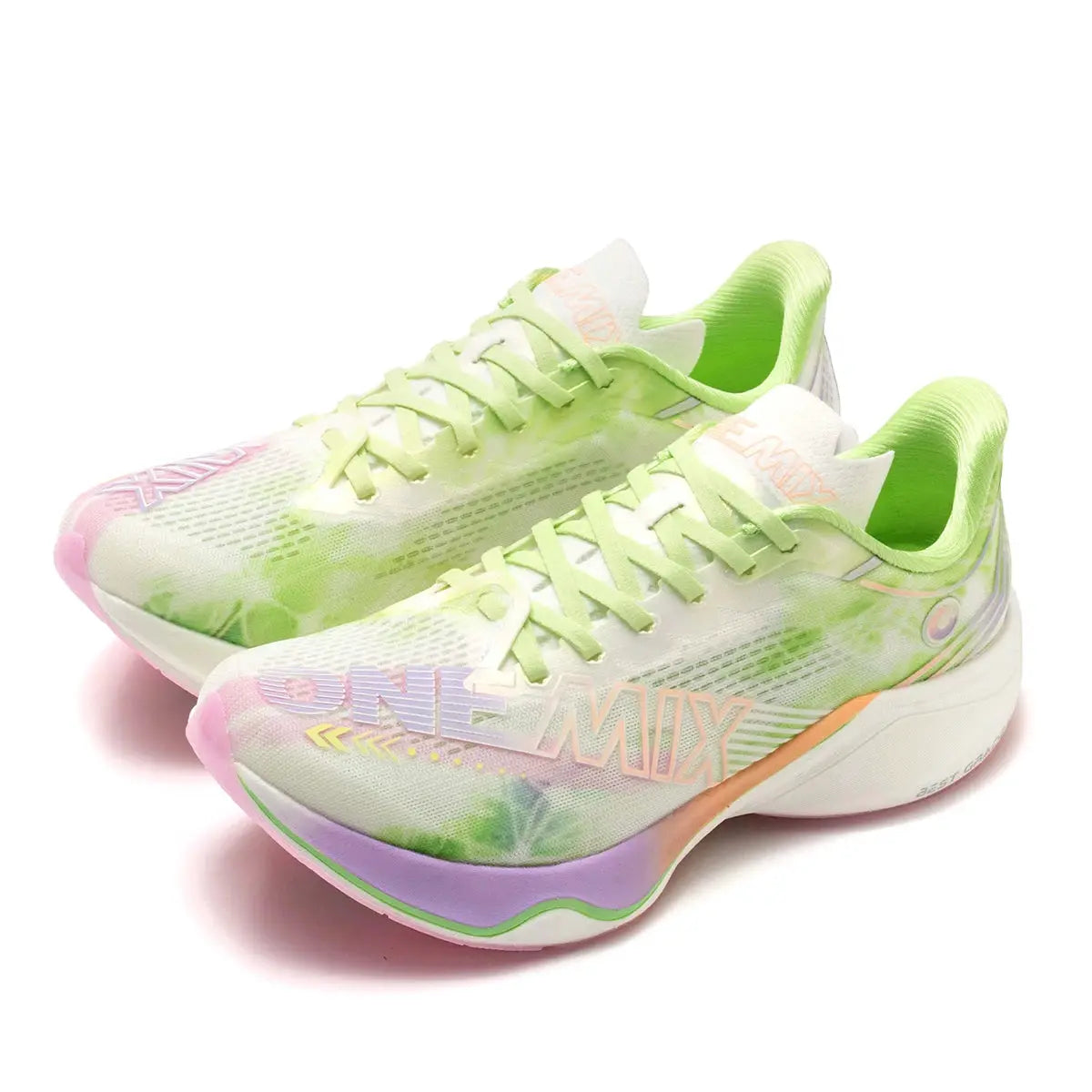 ONEMIX Marathon carbon plate running shoes pair; neon lime upper with pastel pink and purple gradient midsole.