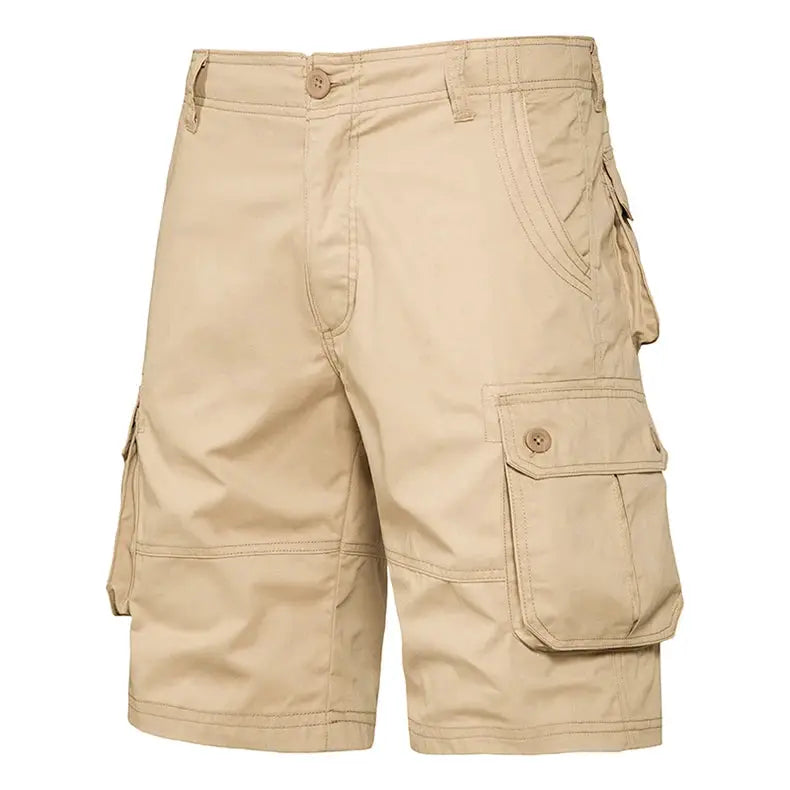Men's cargo shorts in tan cotton, loose-fit with multiple pockets, Simples Market.
