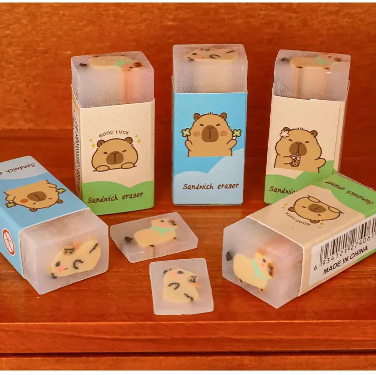 Simples Market Kapibala eraser set of 6 cartoon capybara sandwich erasers in pastel blue and green boxes
