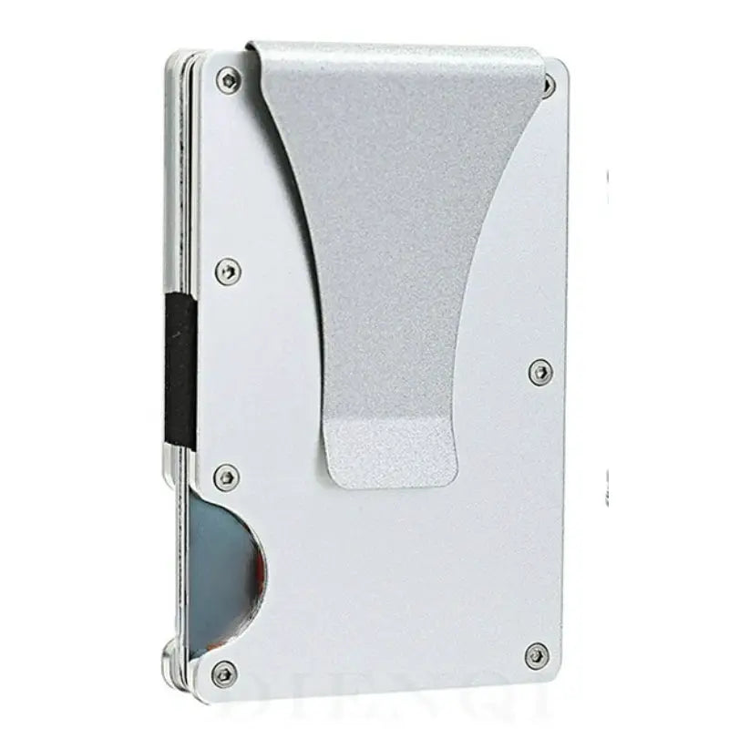 Minimalist aluminum wallet with money clip, RFID-blocking, lightweight and compact.