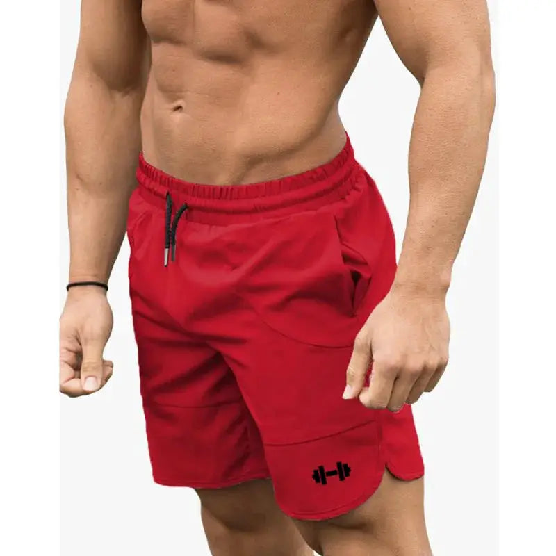 Red men's fitness shorts with black drawstring and side pockets for gym workouts