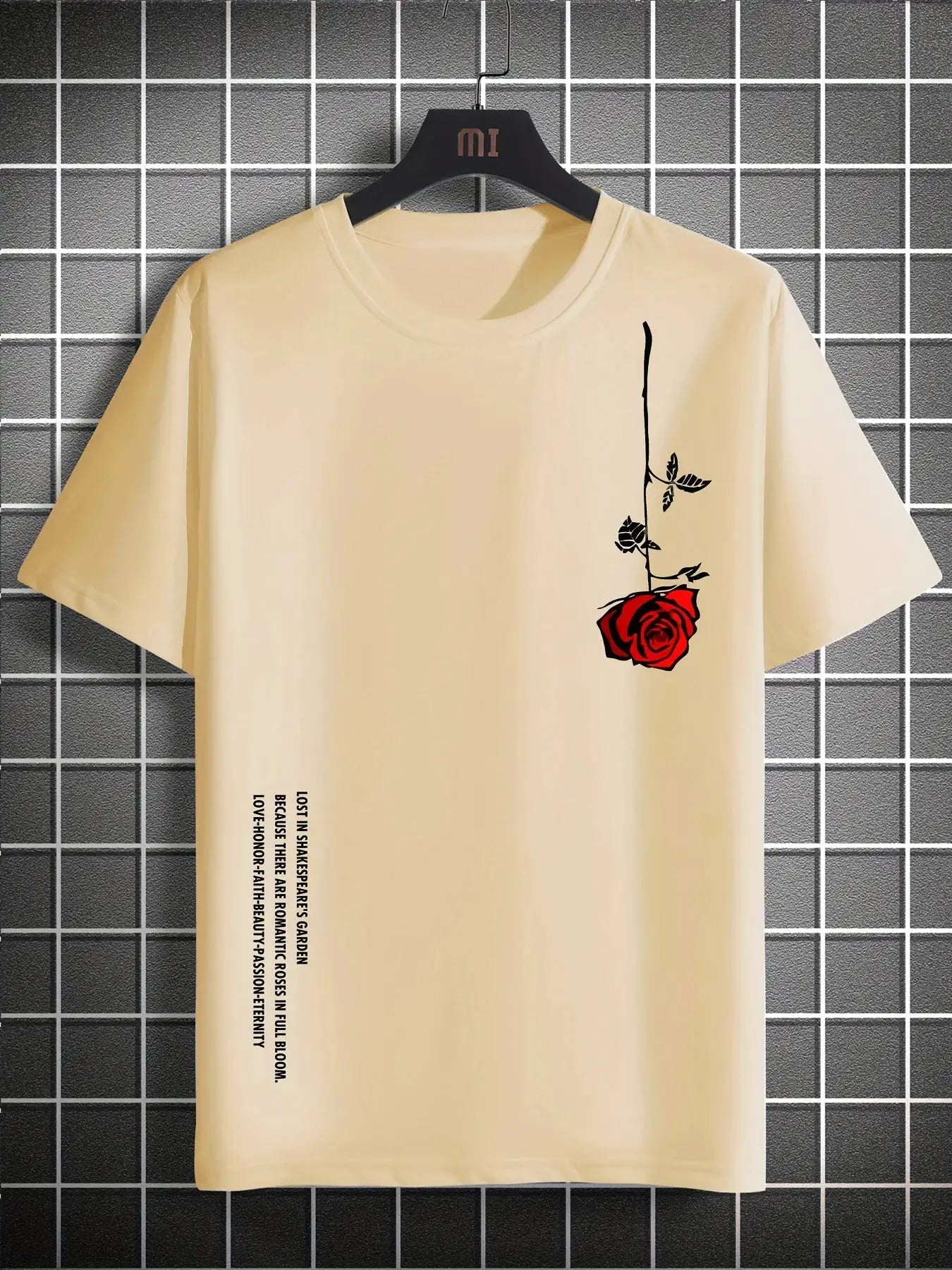 Men's 100 Percent Cotton Rose Print T Shirt Summer Casual Slim Fit Round Neck Short Sleeve Top