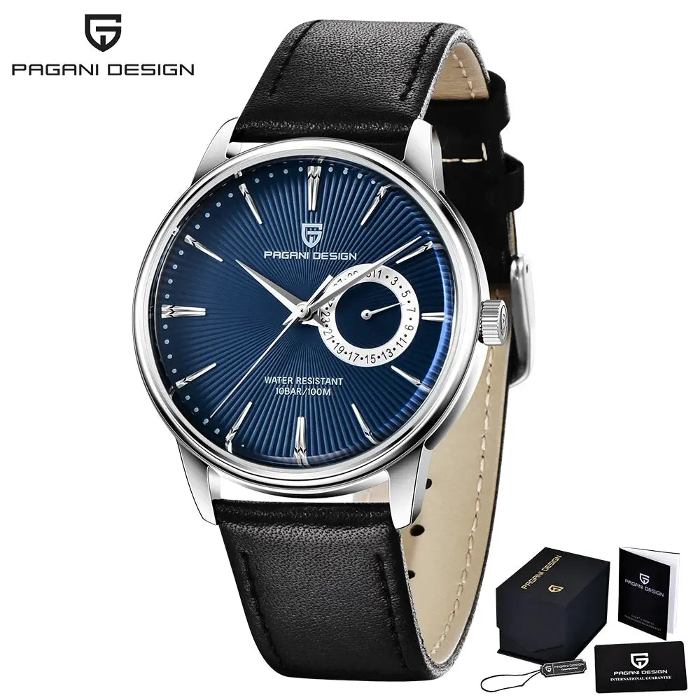 Pagani Design 1654 men's stainless steel quartz watch with blue sunburst dial and black leather strap