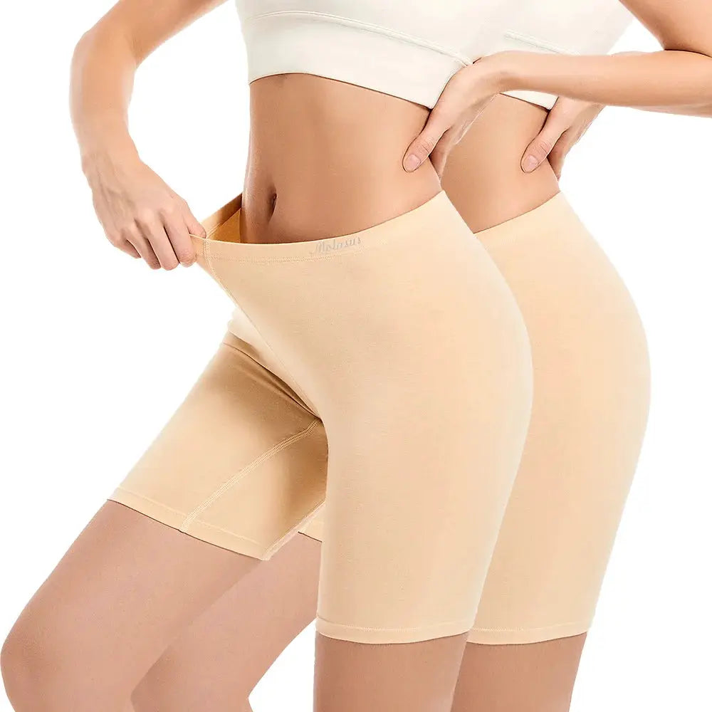 Molasus beige high-waisted women's biker shorts underwear; seamless anti-chafing shapewear, pair shown