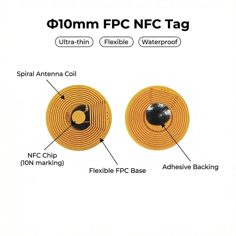 10mm diameter FPC NFC tag, gold circular RFID antenna with adhesive backing (2 pcs)