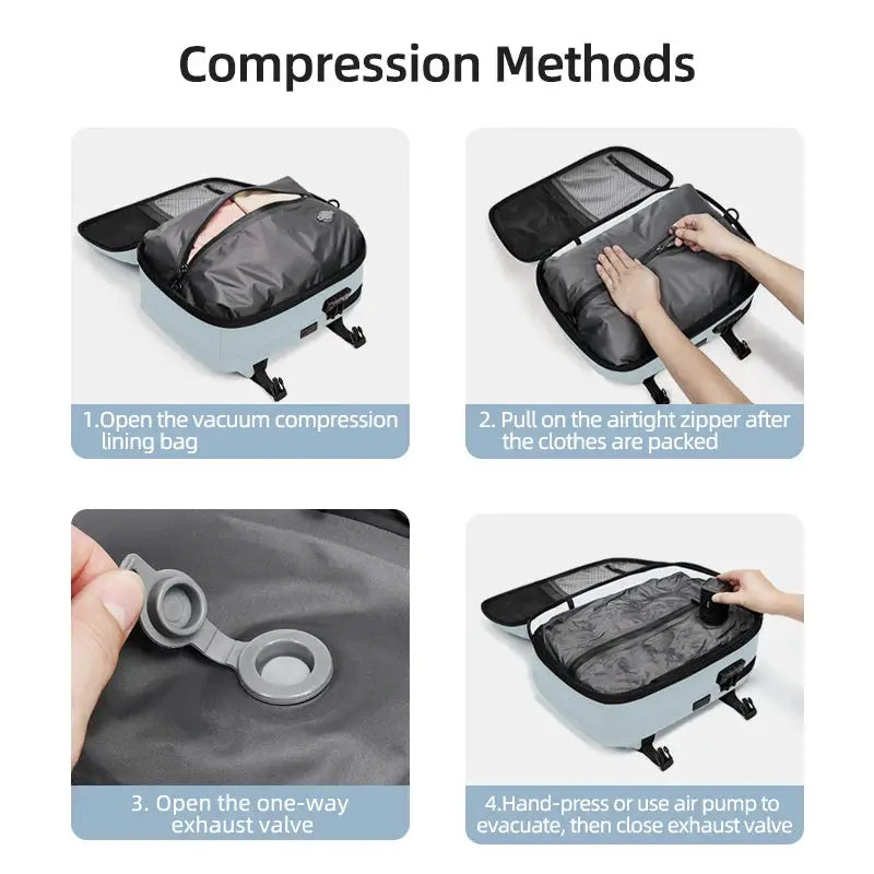 VoyagePro Travel Casual 16 Inch Vacuum Compression Laptop Backpack With USB Charging Waterproof Oxford 40L Expandable