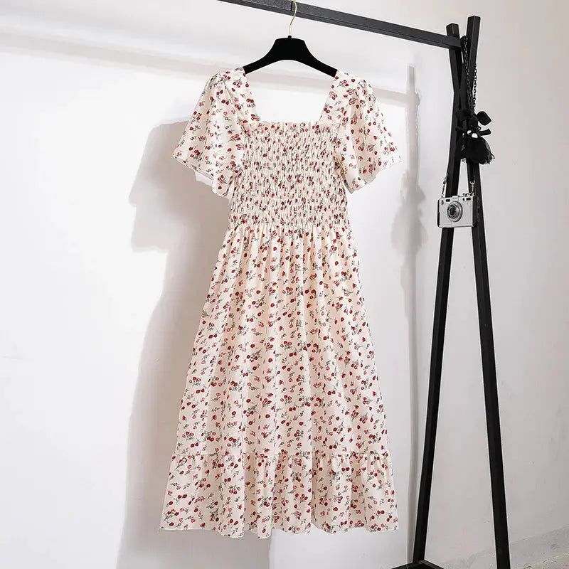 Spring Summer Floral Chiffon Midi Dress For Women With Elastic Waist Short Sleeves Backless Casual Printed