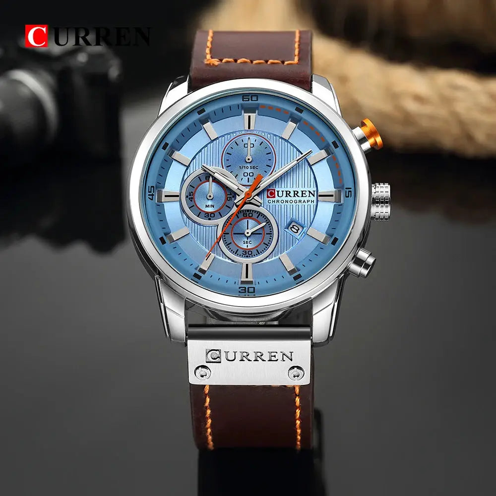 CURREN 8291 men's quartz chronograph watch with blue dial, stainless steel case and brown leather strap.