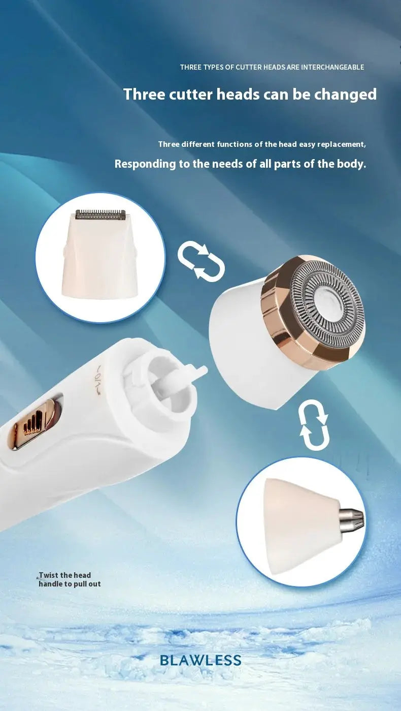 Simples Market electric women's body hair trimmer with 3 interchangeable heads, white with rose-gold accents, waterproof