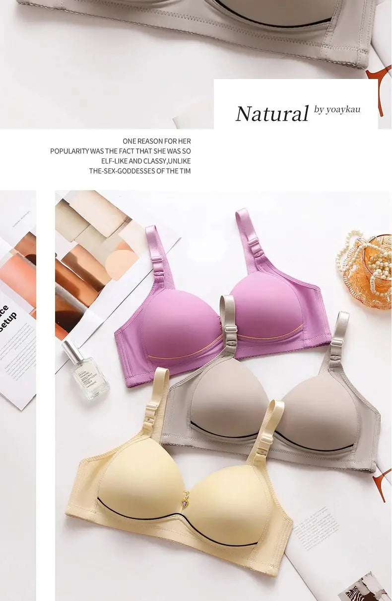 Bras set of three wireless, glossy-cup bras in purple, beige, and cream from Simples Market