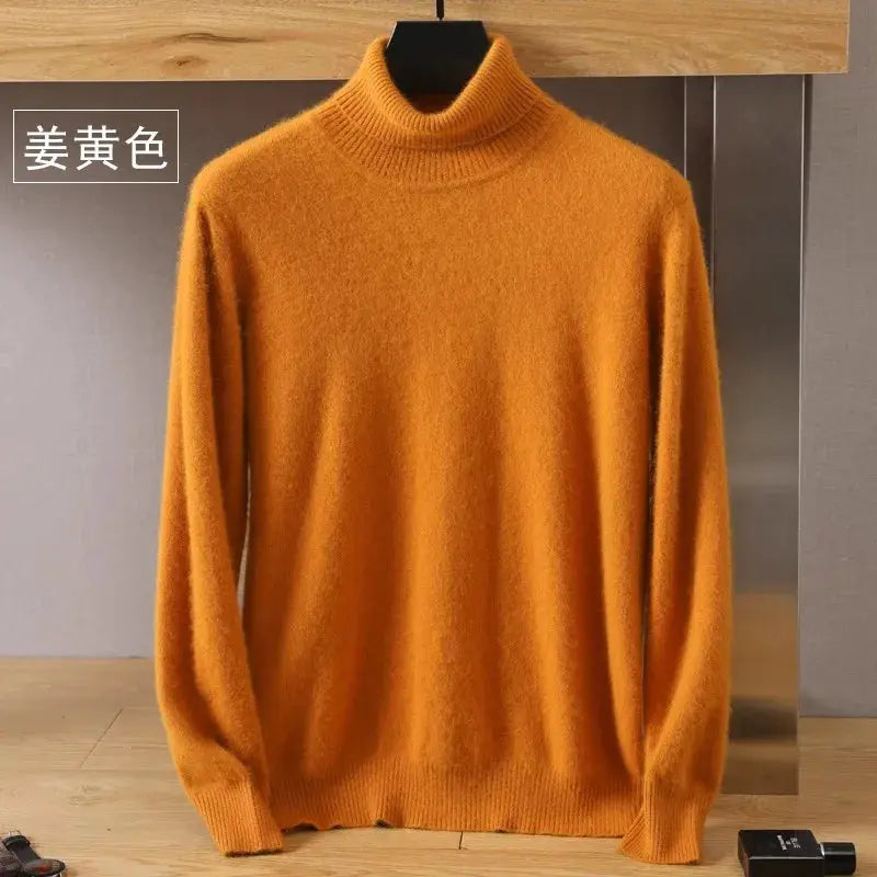 Men's mink velvet cashmere sweater, orange turtleneck knit with long sleeves