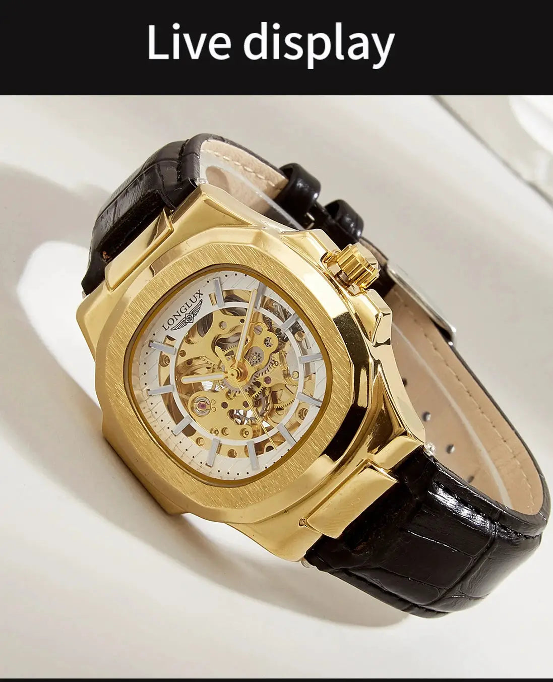 Men's skeleton automatic watch with gold-tone case and black leather strap, waterproof outdoors, Simples Market