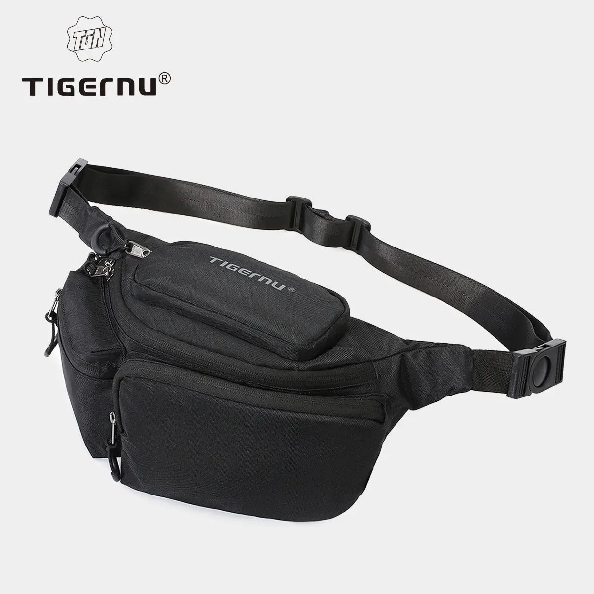 Tigernu black chest bag with adjustable strap and multiple zip pockets.