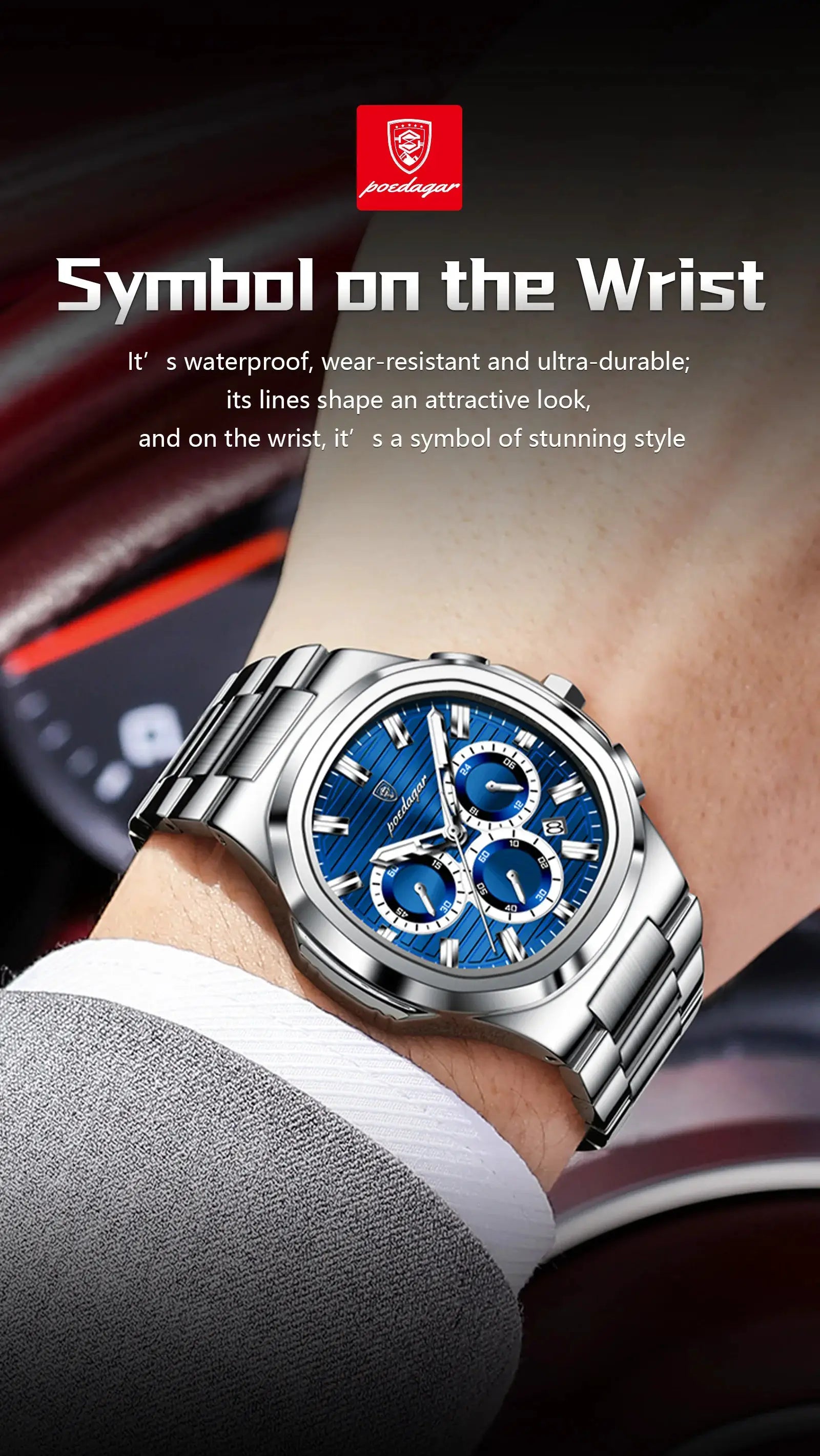 POEDAGAR men's stainless steel chronograph watch with blue dial and date window