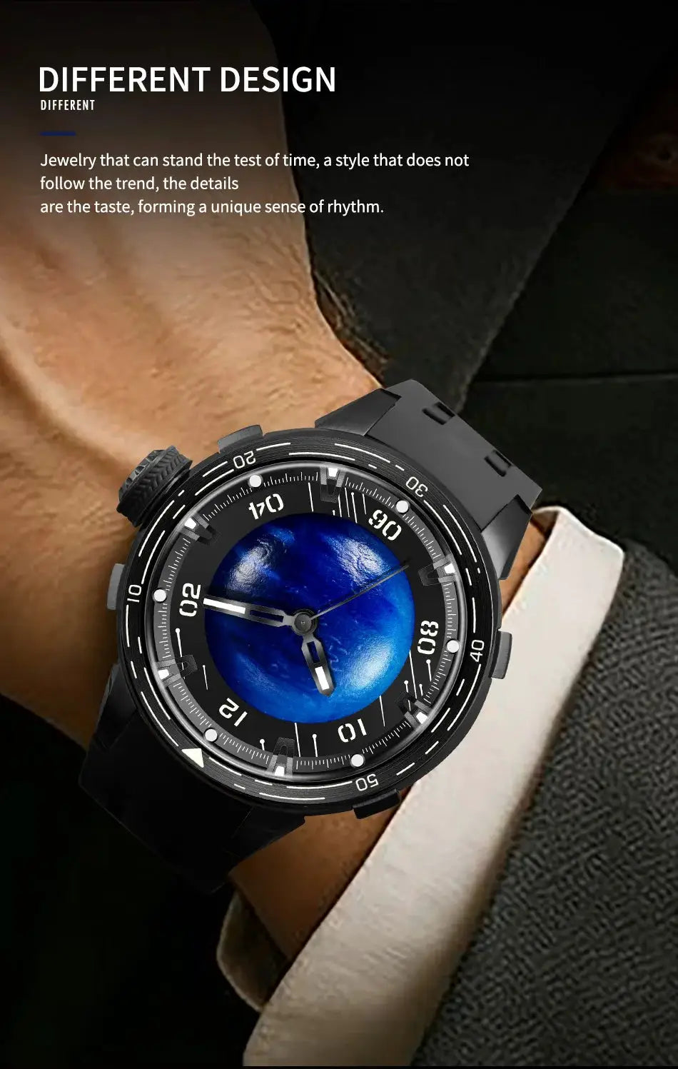 PINDU Design Planet Series mechanical watch on wrist; blue dial, black bezel, silicone strap