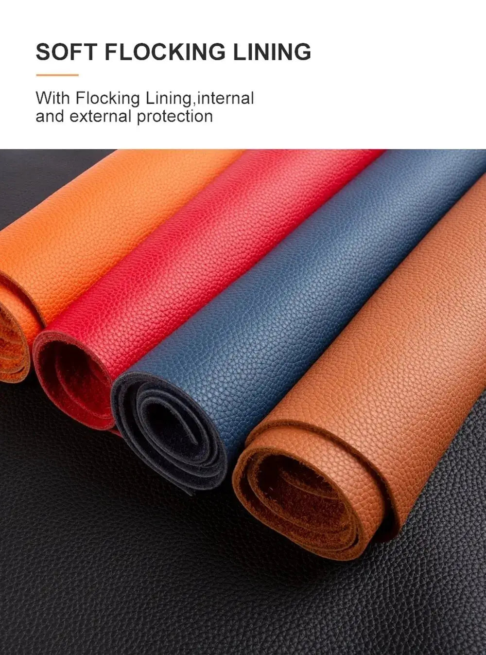 Genuine leather swatches for phone cases; four color rolls in orange, red, blue and tan.