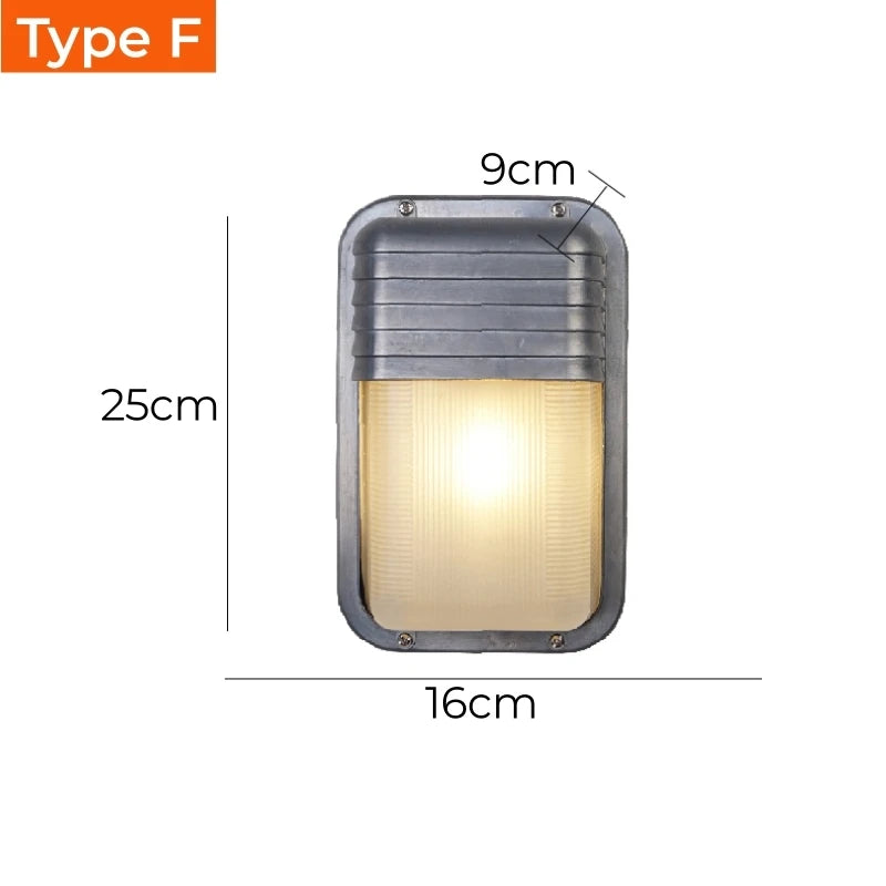 Outdoor retro LED wall lamp Type F by Simples Market, metal industrial sconce with glass cover, IP65 waterproof.