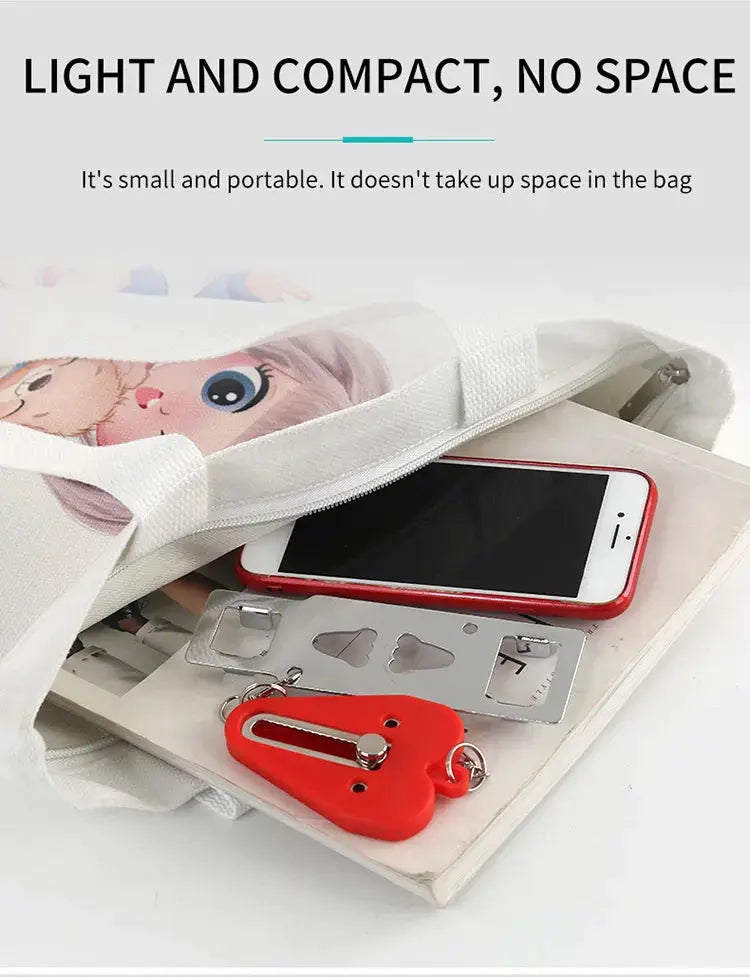 Red heart-shaped portable door lock latch with keyring for travel safety