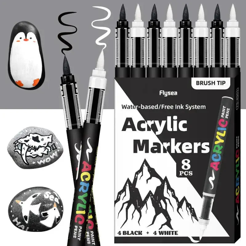 Acrylic marker set, 8 pieces (4 black + 4 white) with brush tips by Simples Market