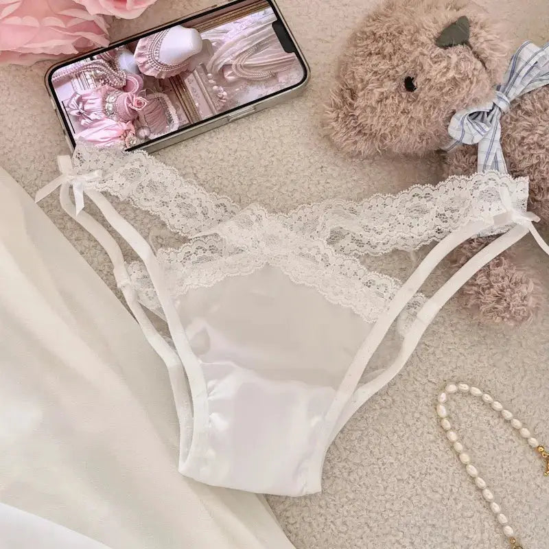 Panties white lace bikini with satin front panel, bow accents, low waist
