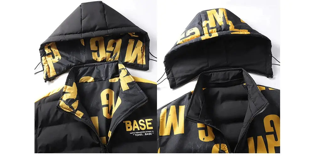 DIMUSI padded jacket, black with bold yellow prints, hooded insulated windbreaker with zip front.