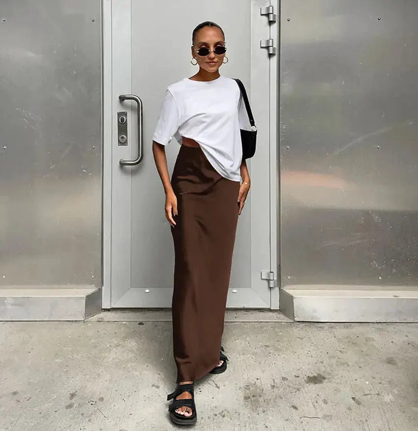 Satin long skirt, brown, high-waisted office style by Simples Market
