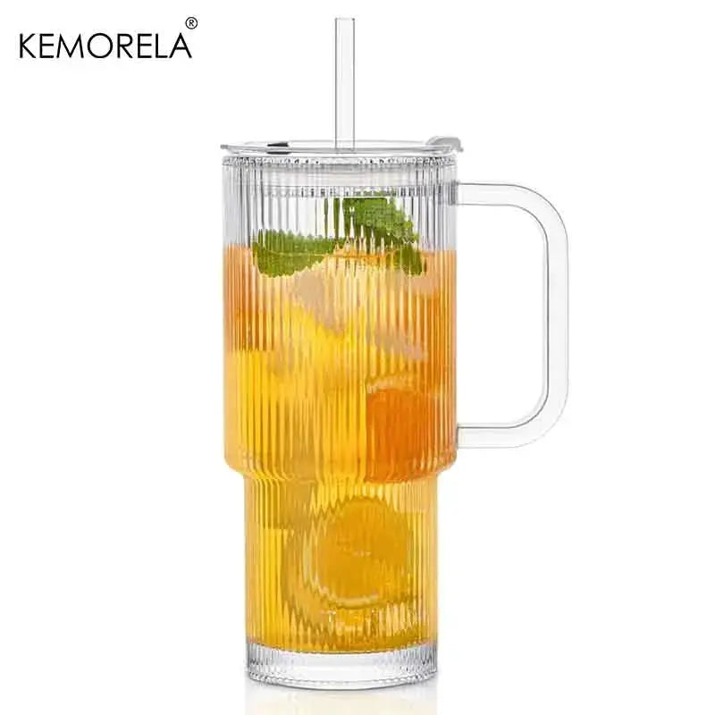 760ML Ribbed Glass Tumbler With Handle Lid For Cold And Hot Beverages Large Iced Coffee Cups With Straws Glass Mug
