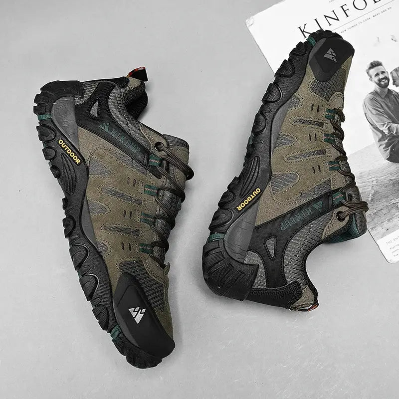 HIKEUP men's olive suede leather hiking shoes, a pair with rugged black outsoles