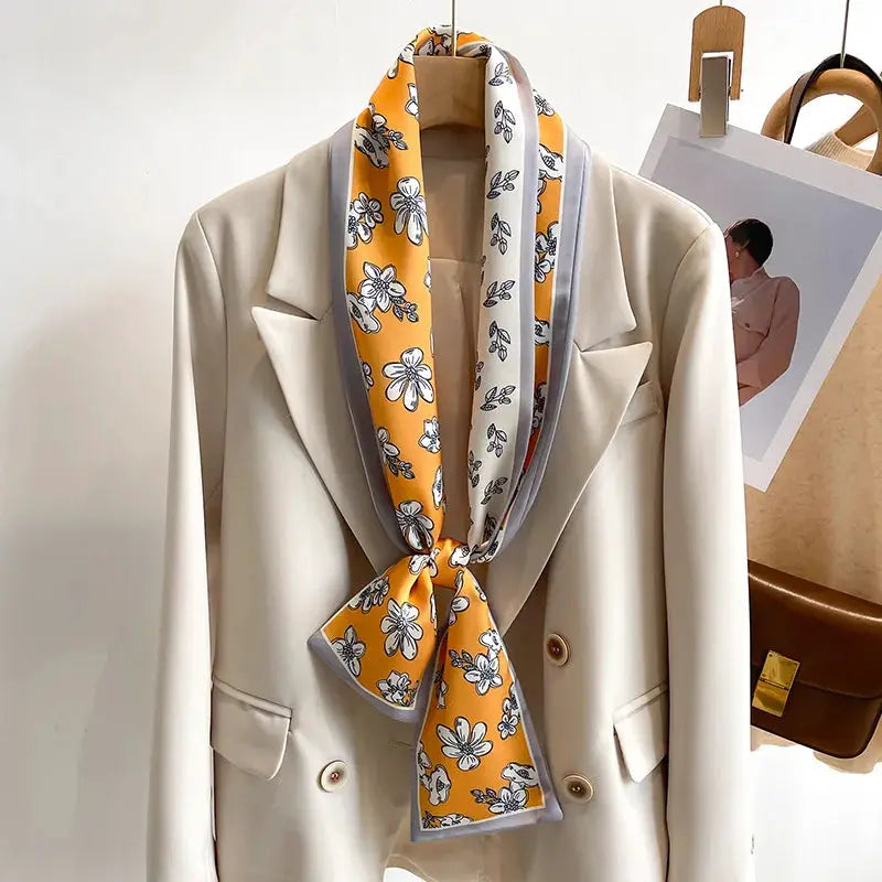 LuxeSilk Silk Feel Printed Design Scarf Versatile Long Narrow Silk Shawl For Fashionable Styles