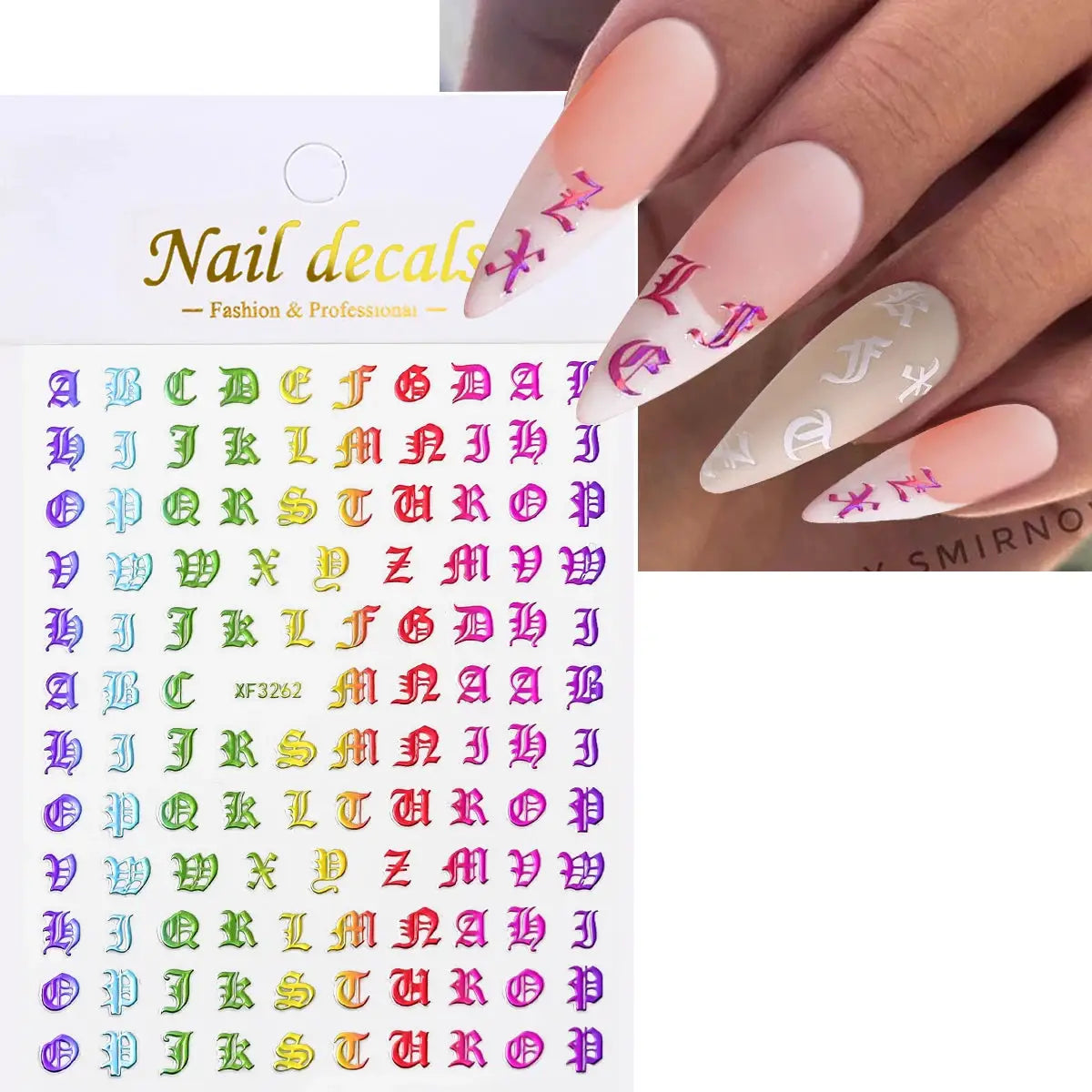 3D alphabet nail stickers by Simples Market; 26 rainbow-gradient letters on an 8x10 cm sheet, self-adhesive for nails.