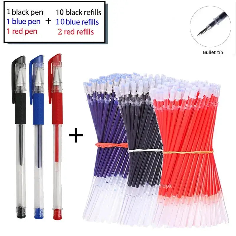Gel pen set 25/35 pcs with black, blue & red pens and purple and red bundles, 0.5mm ballpoint.