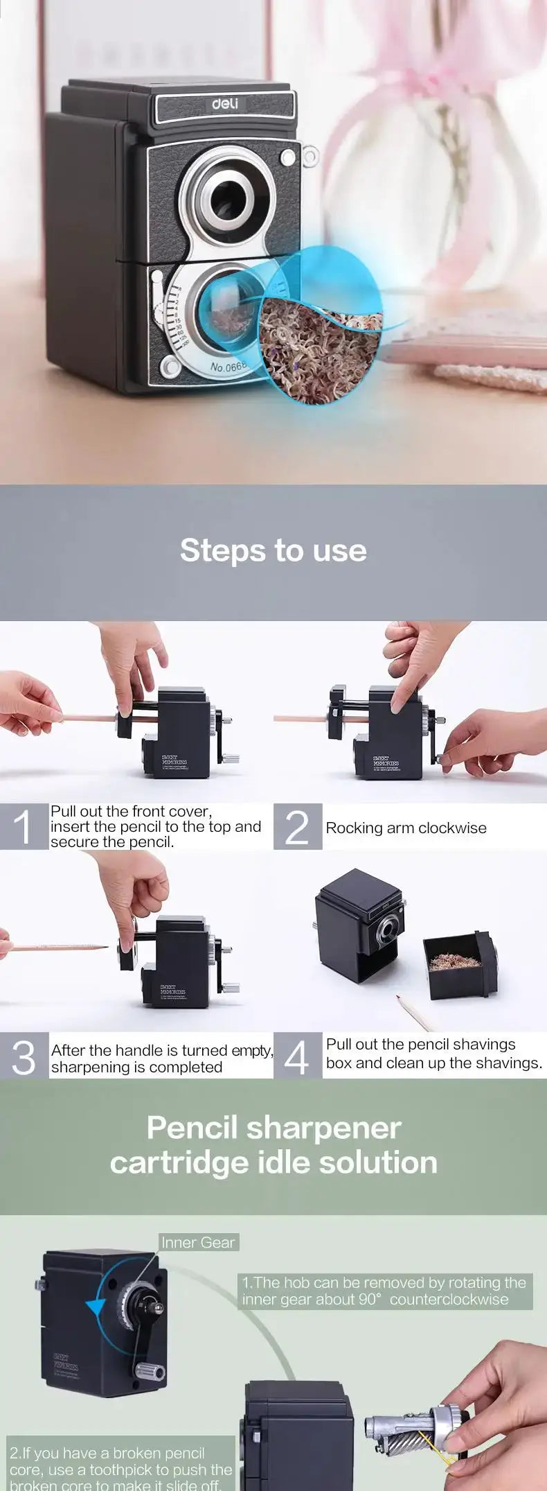 Rotary pencil sharpener shaped like a camera, black with silver dial, Deli brand for school supplies