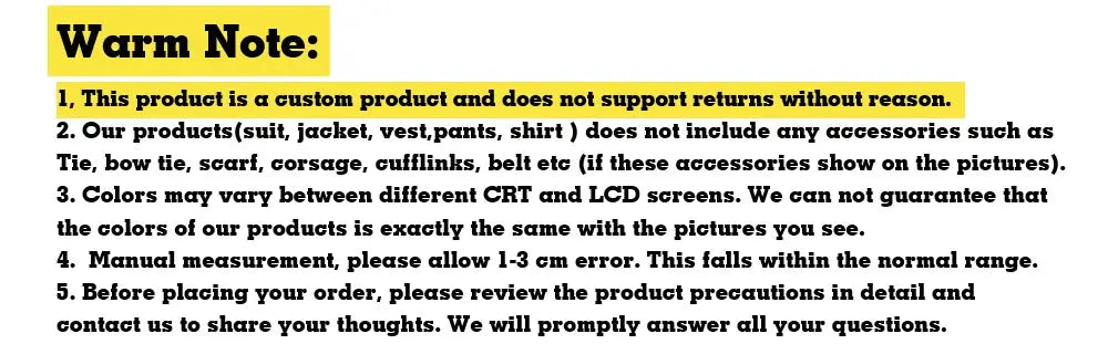 Warm Note policy banner detailing custom product returns, accessories, color variance, measurement tolerance.