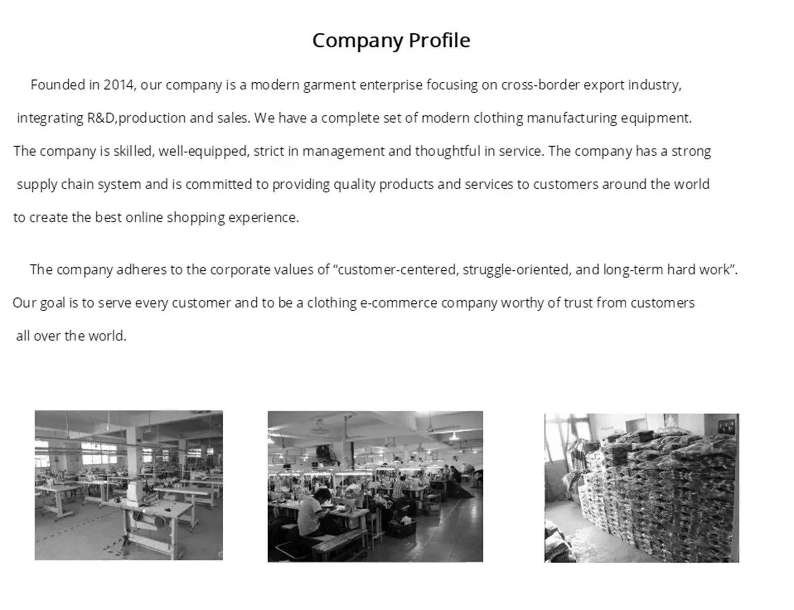 Simples Market company profile with grayscale factory photos of sewing floors and fabric stacks