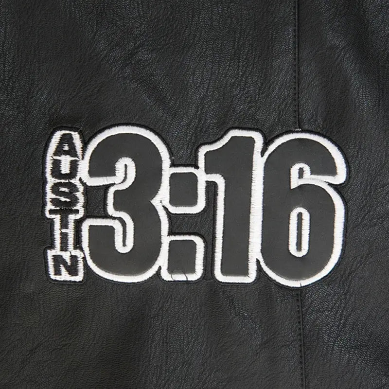 Black leather vest with large 3:16 Austin embroidery patch