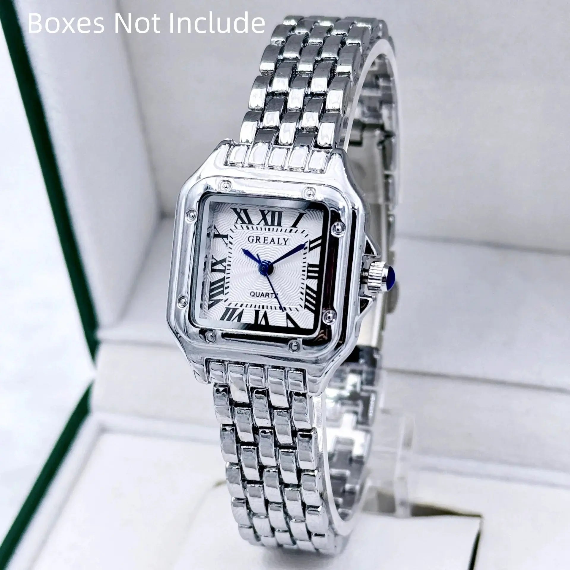 Grealy quartz stainless steel women's wristwatch with a square face and linked bracelet
